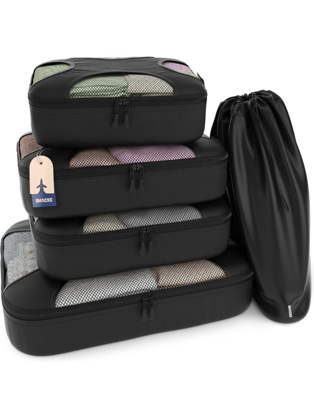 5 Packing Cubes Set for Travel with Laundry Bag - Lightweight, Durable, Black